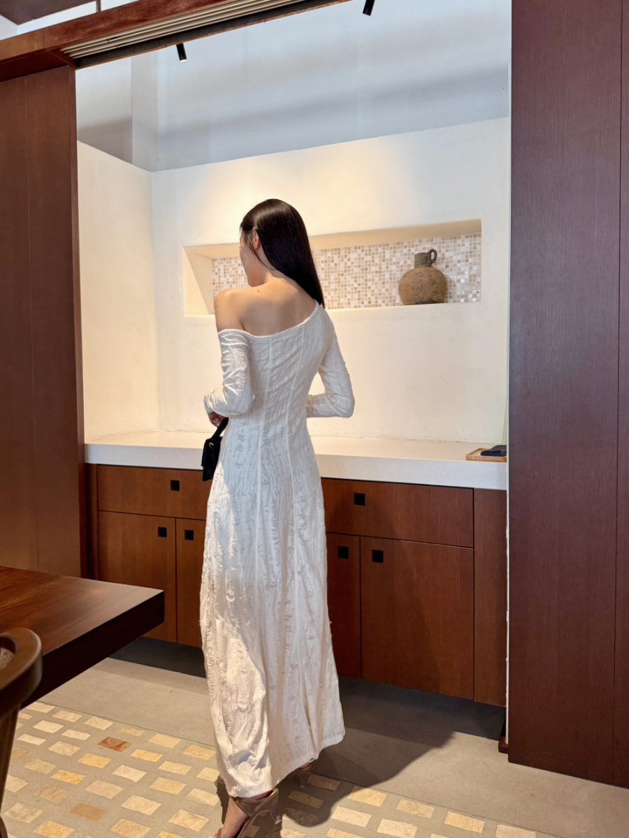 Arya Asymmetric Torn One Shoulder Maxi Dress