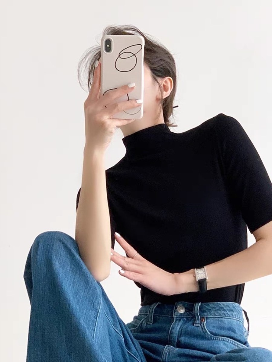 Gyan High Neck Mid Sleeve Tee-The Black Bow-