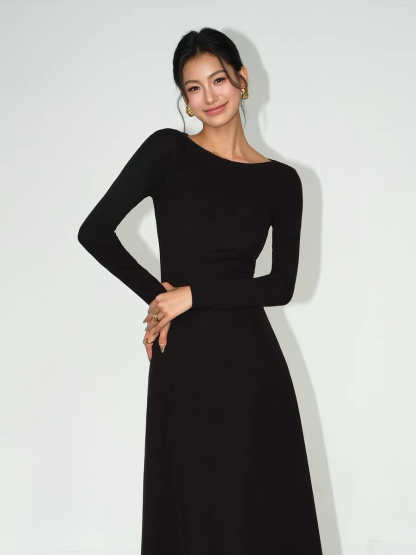 Brynleigh Boat Neck A-Line Knit Dress-The Black Bow-