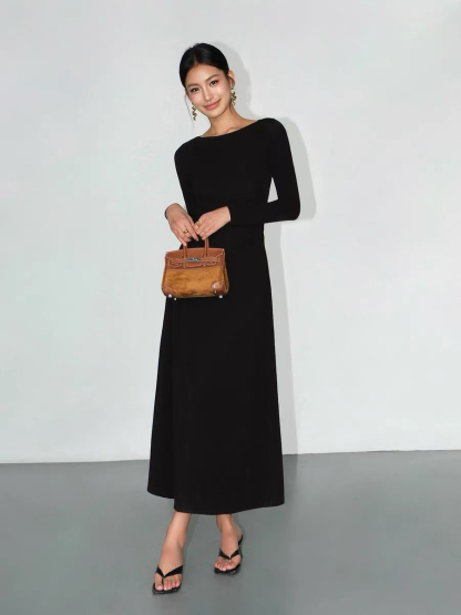 Brynleigh Boat Neck A-Line Knit Dress-The Black Bow-