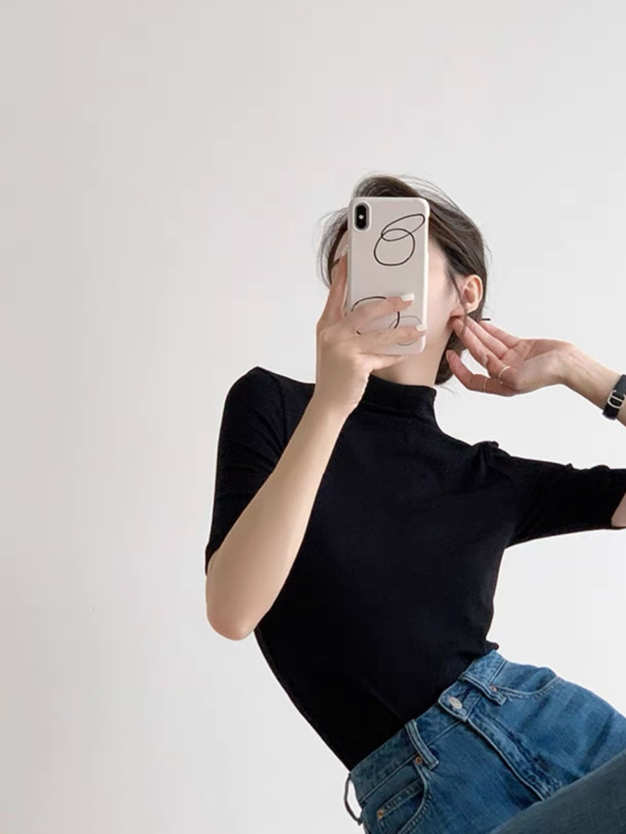 Gyan High Neck Mid Sleeve Tee-The Black Bow-