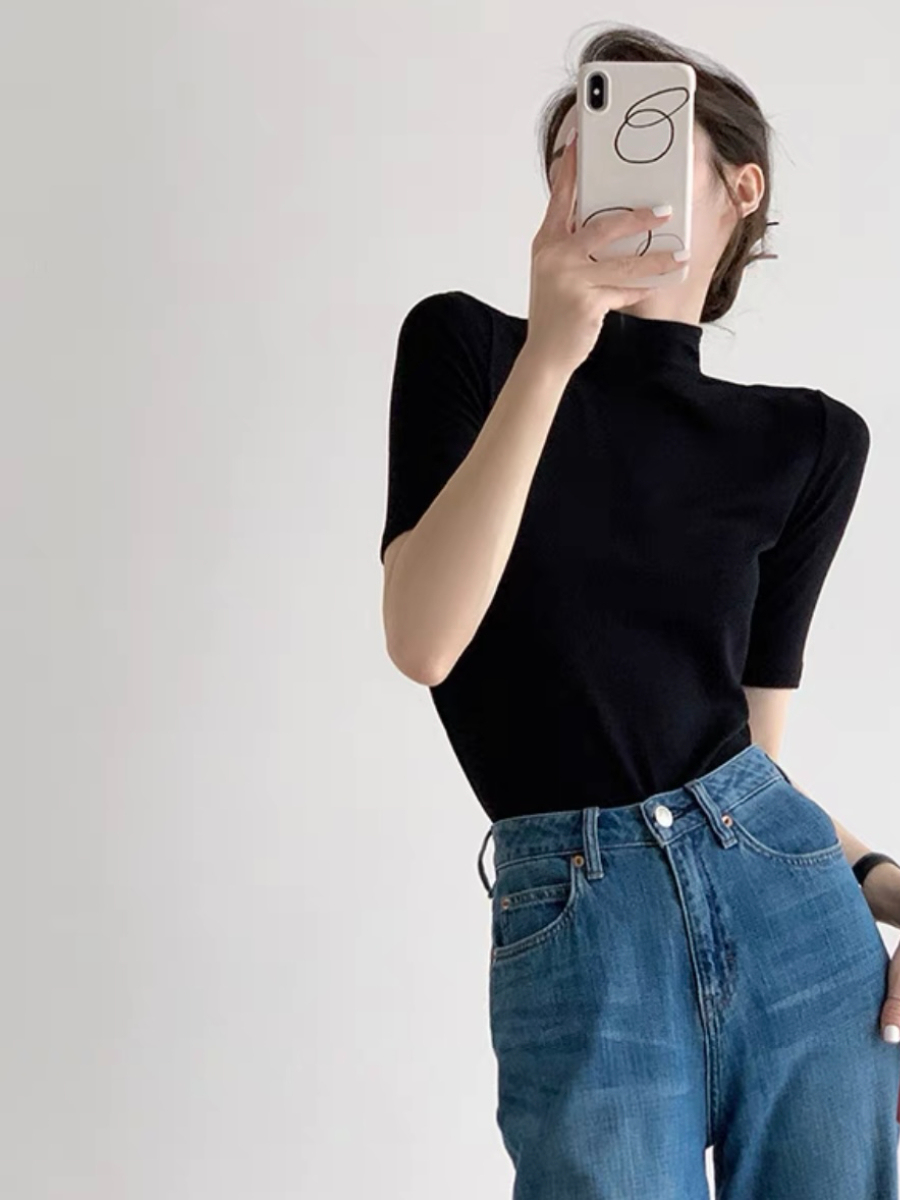 Gyan High Neck Mid Sleeve Tee-The Black Bow-