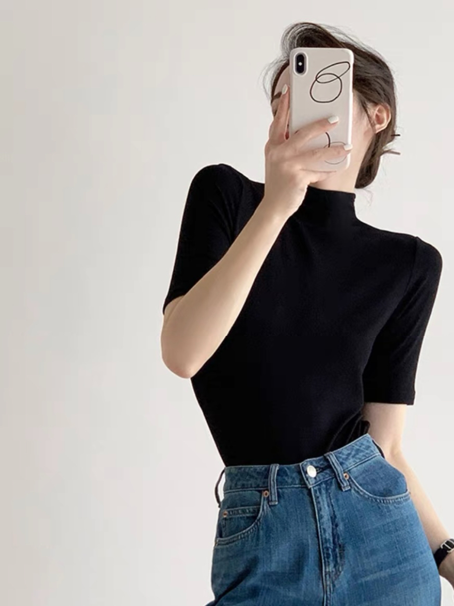 Gyan High Neck Mid Sleeve Tee-The Black Bow-