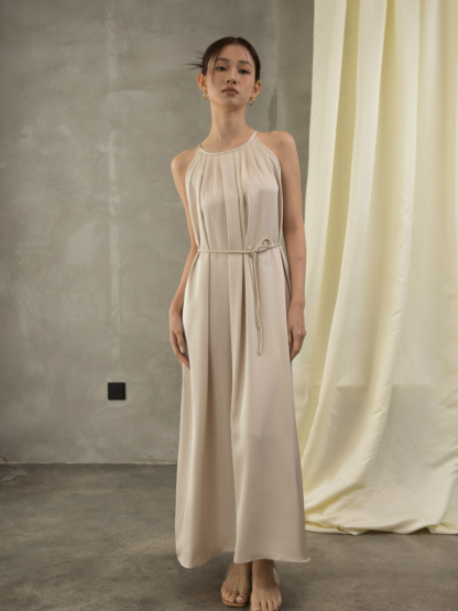 Gervaise Halter Neck Pleated Maxi Dress (Discounted-Free Size)-The Black Bow-