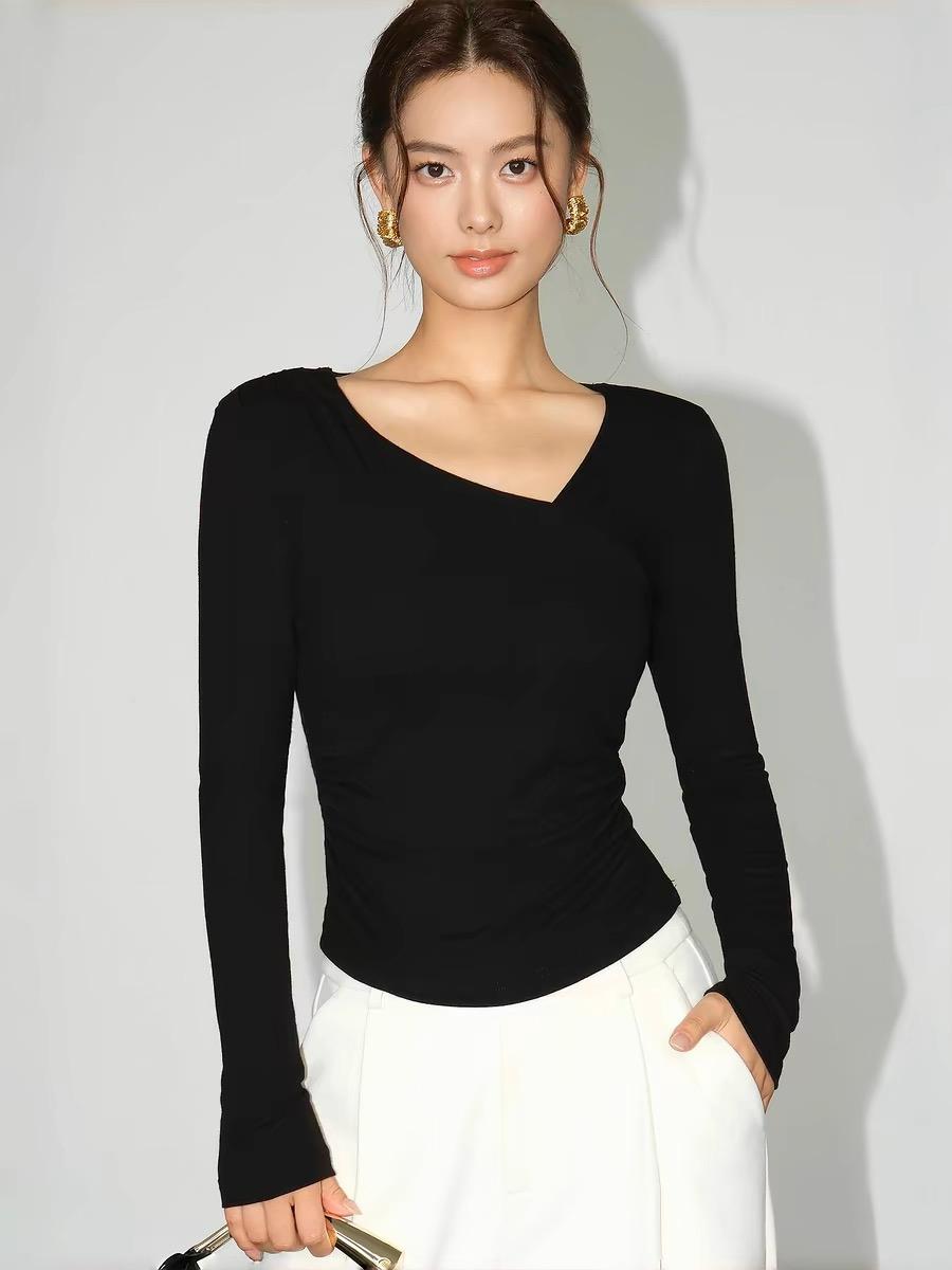 Berlyn Asymmetric Collar Long Sleeve Top-The Black Bow-