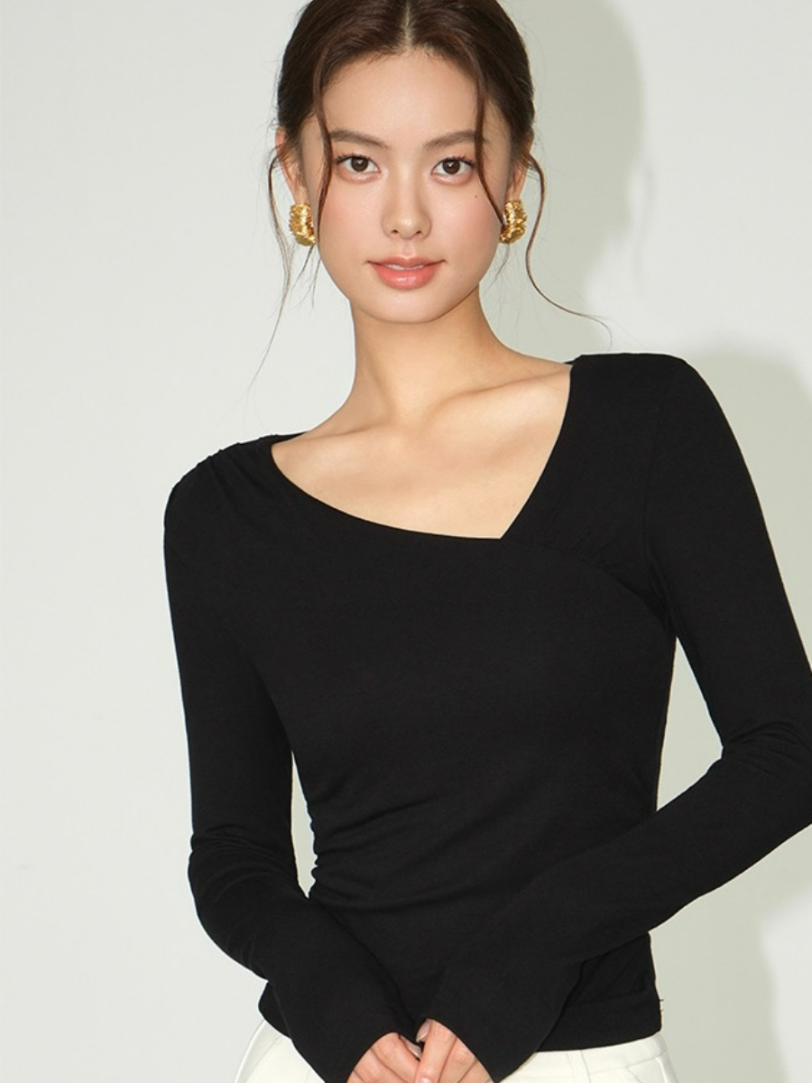 Berlyn Asymmetric Collar Long Sleeve Top-The Black Bow-