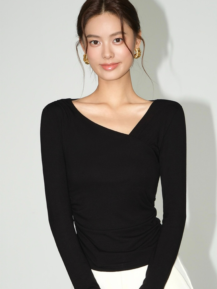 Berlyn Asymmetric Collar Long Sleeve Top-The Black Bow-