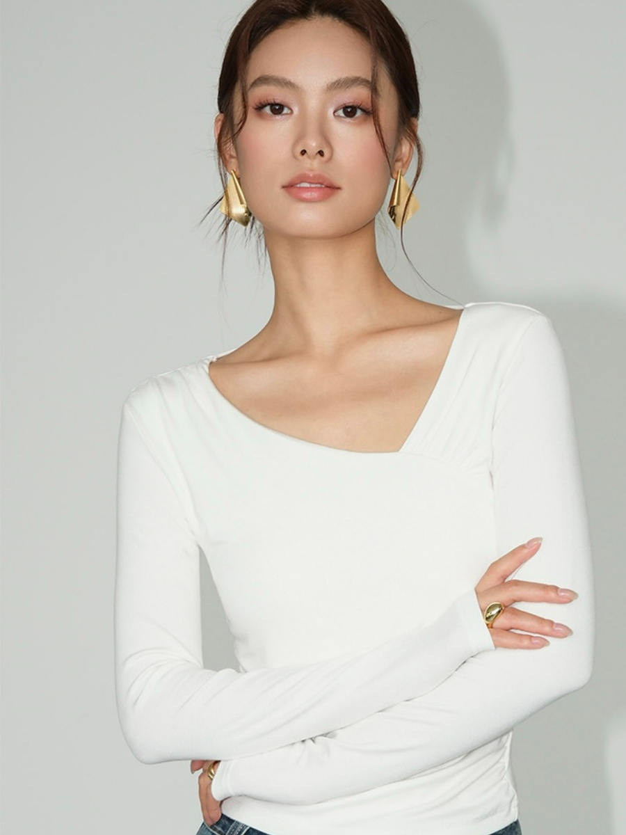 Berlyn Asymmetric Collar Long Sleeve Top-The Black Bow-