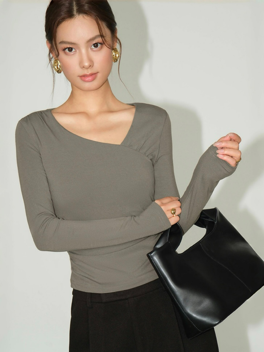 Berlyn Asymmetric Collar Long Sleeve Top-The Black Bow-