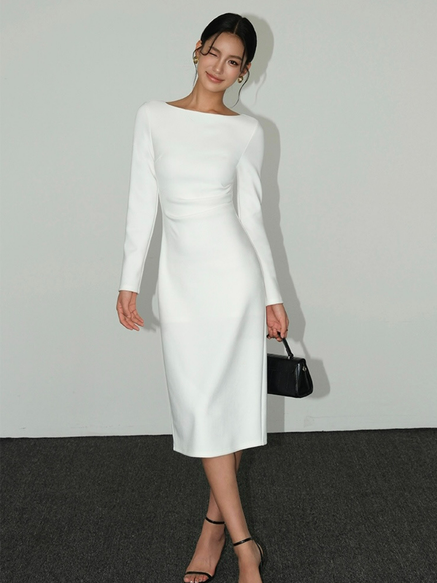 Briseida Boat Neck Midi Dress-The Black Bow-