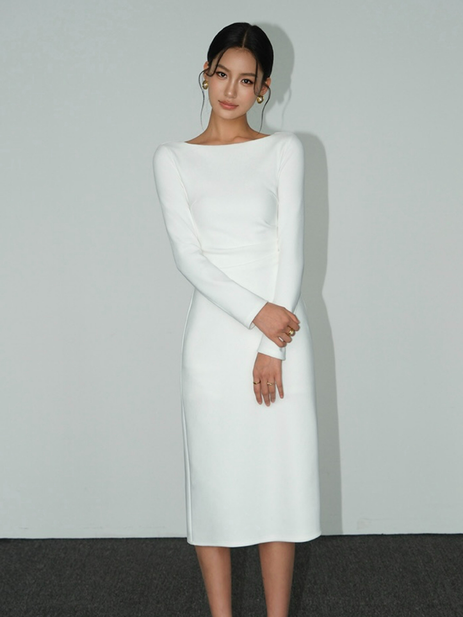 Briseida Boat Neck Midi Dress-The Black Bow-