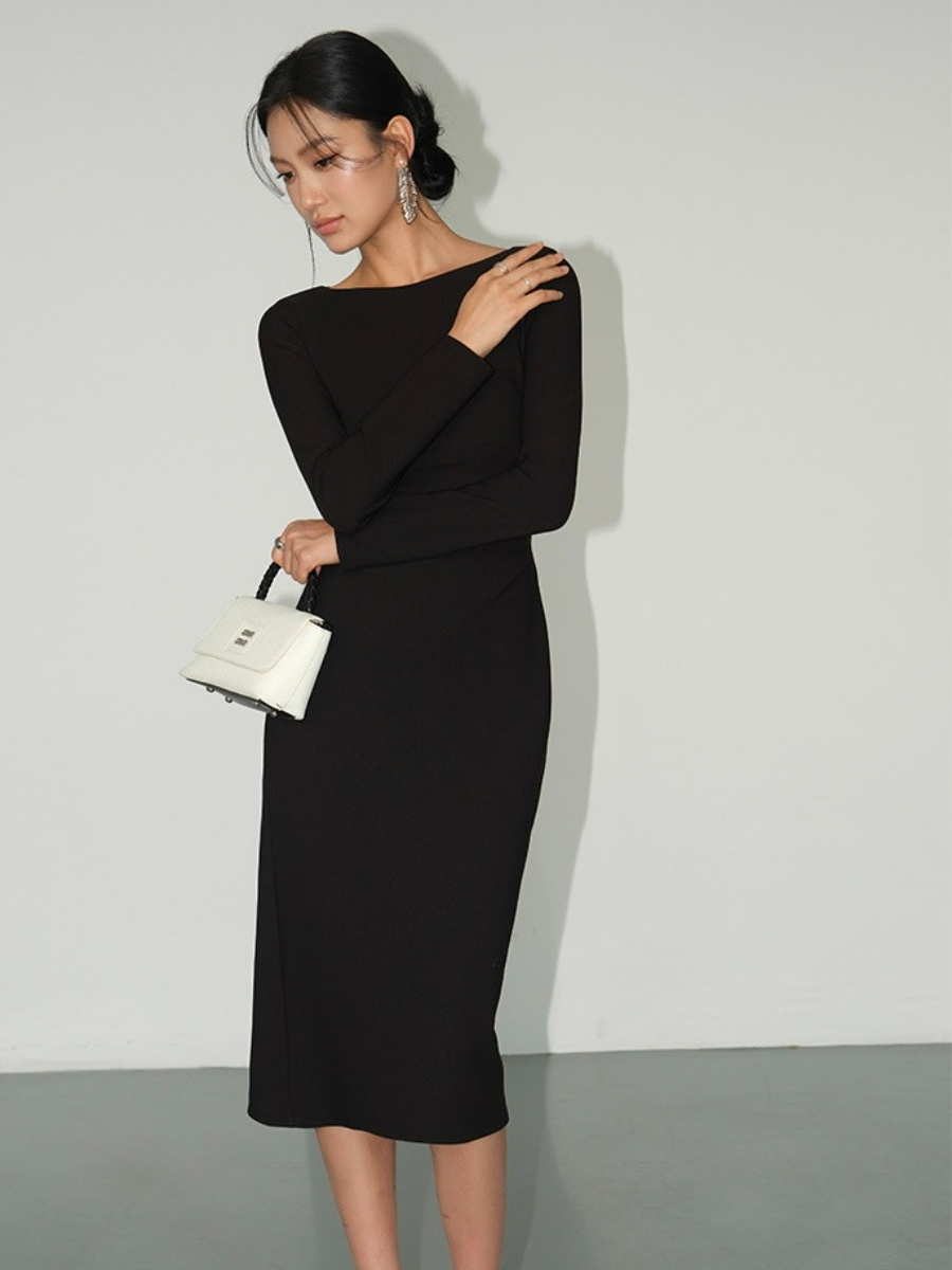 Briseida Boat Neck Midi Dress-The Black Bow-