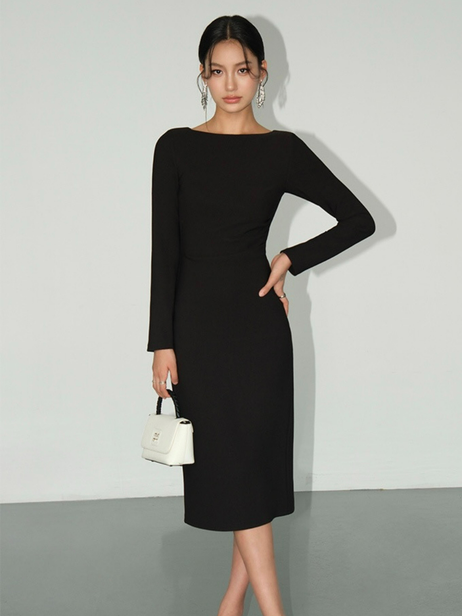 Briseida Boat Neck Midi Dress-The Black Bow-