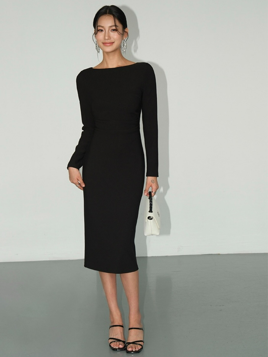 Briseida Boat Neck Midi Dress-The Black Bow-