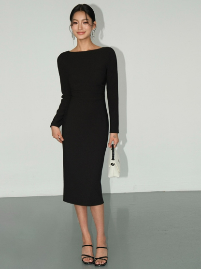 Briseida Boat Neck Midi Dress-The Black Bow-