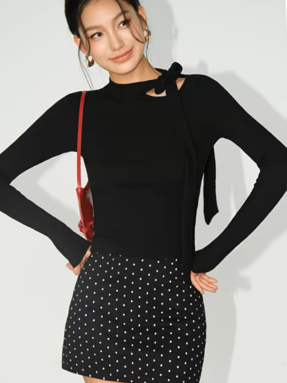 Betty Neck Tie Long Sleeve Top-The Black Bow-