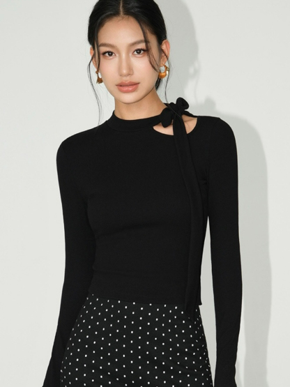Betty Neck Tie Long Sleeve Top-The Black Bow-