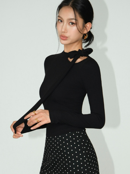 Betty Neck Tie Long Sleeve Top-The Black Bow-