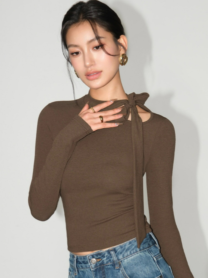 Betty Neck Tie Long Sleeve Top-The Black Bow-
