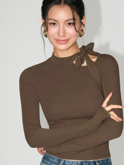 Betty Neck Tie Long Sleeve Top-The Black Bow-
