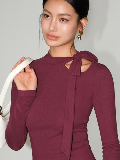 Betty Neck Tie Long Sleeve Top-The Black Bow-