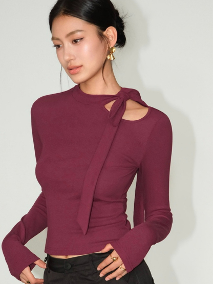 Betty Neck Tie Long Sleeve Top-The Black Bow-