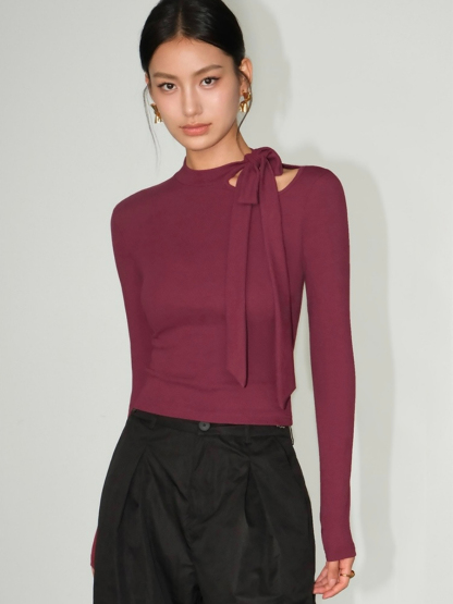 Betty Neck Tie Long Sleeve Top-The Black Bow-