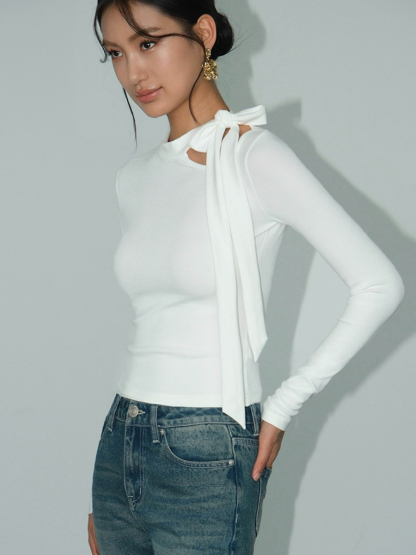 Betty Neck Tie Long Sleeve Top-The Black Bow-