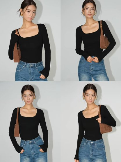 Berenice Square Neck Long Sleeve Top-The Black Bow-