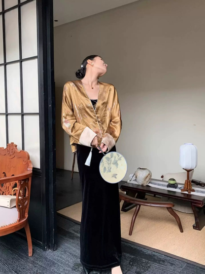 Yu Bo Binding Sleeve Floral Cardigan Top