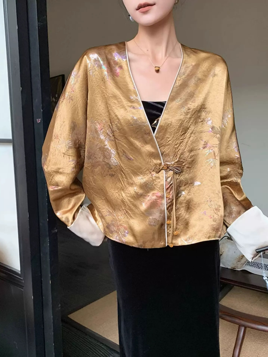 Yu Bo Binding Sleeve Floral Cardigan Top