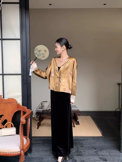 Yu Bo Binding Sleeve Floral Cardigan Top