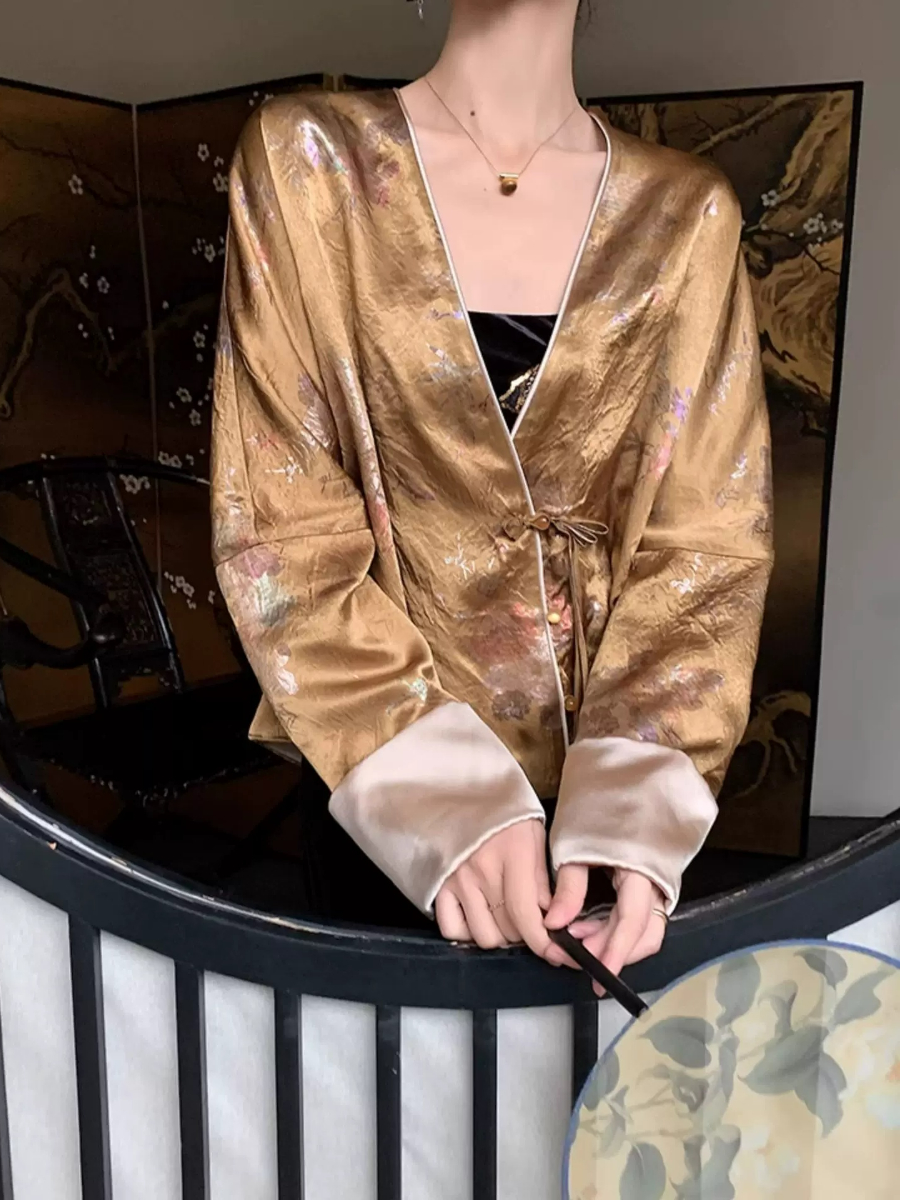 Yu Bo Binding Sleeve Floral Cardigan Top