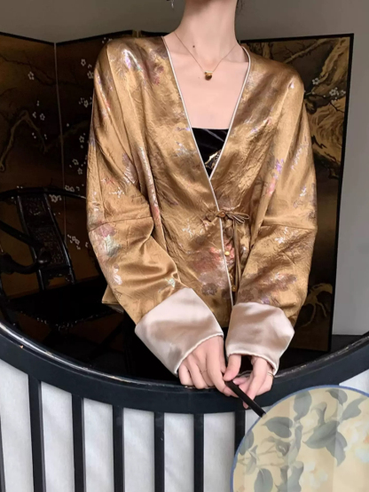 Yu Bo Binding Sleeve Floral Cardigan Top