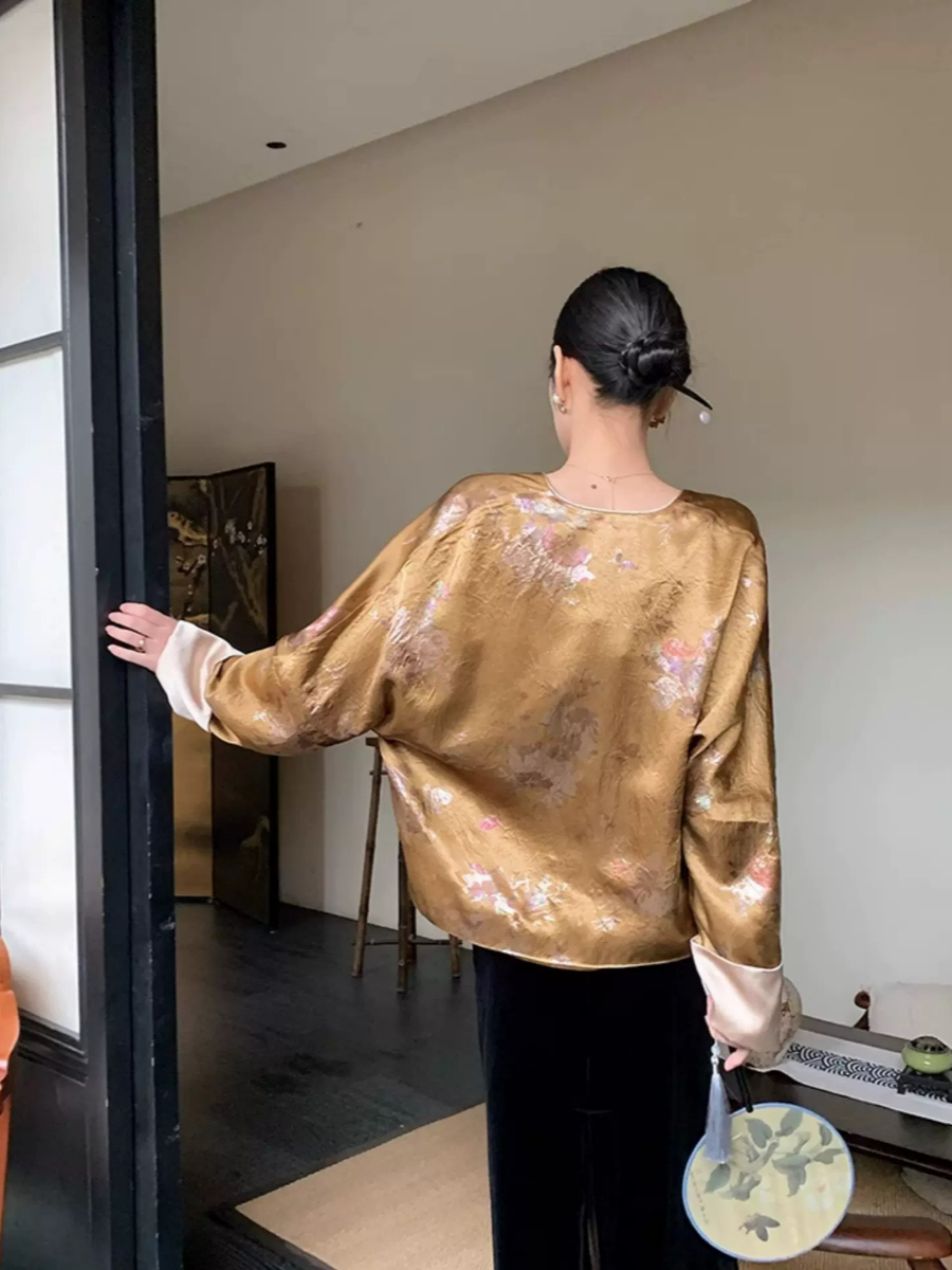 Yu Bo Binding Sleeve Floral Cardigan Top