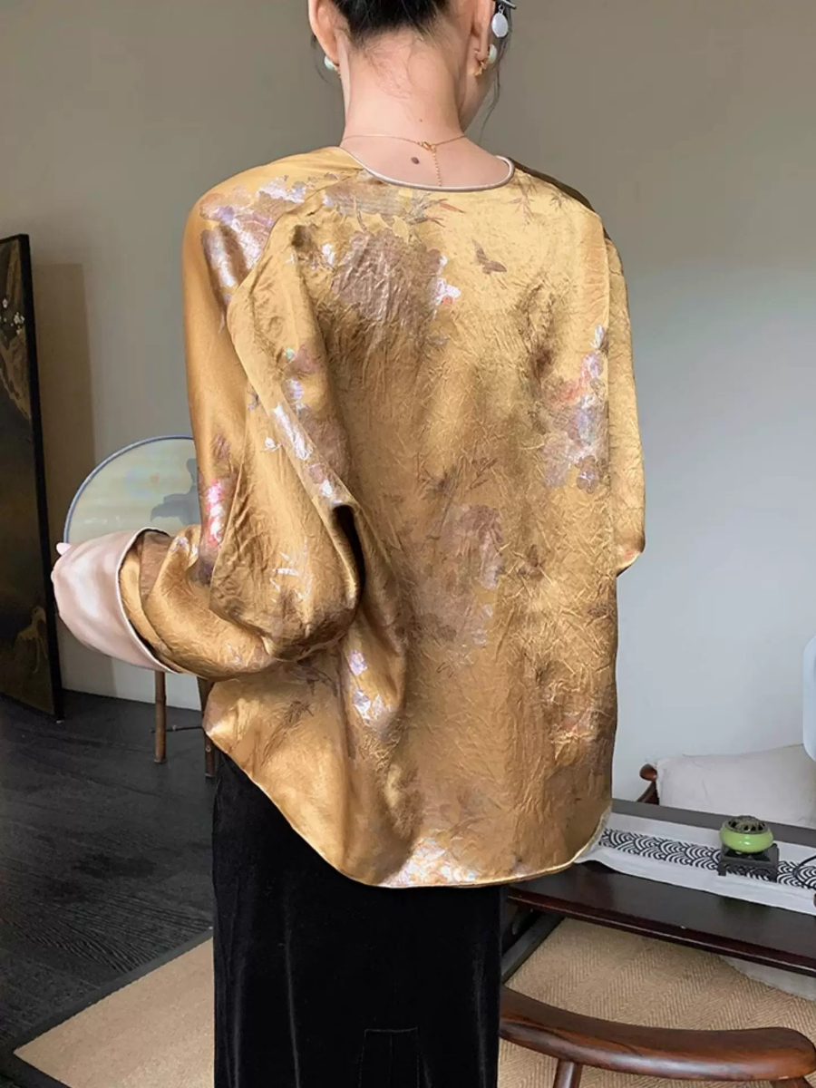 Yu Bo Binding Sleeve Floral Cardigan Top