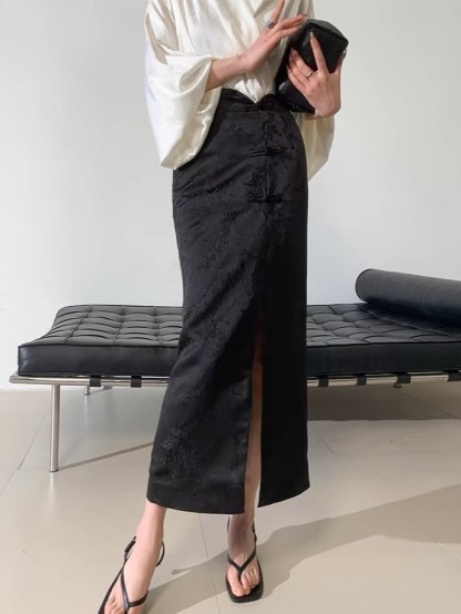 Zhou Bing Oriental Side Slit Skirt-The Black Bow-