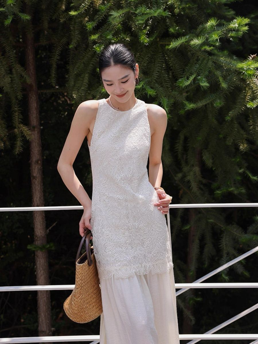 Mariela Lace Trim Round Neck Dress