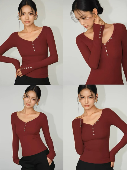 Becky Buttoned Long Sleeve Knit Top-The Black Bow-
