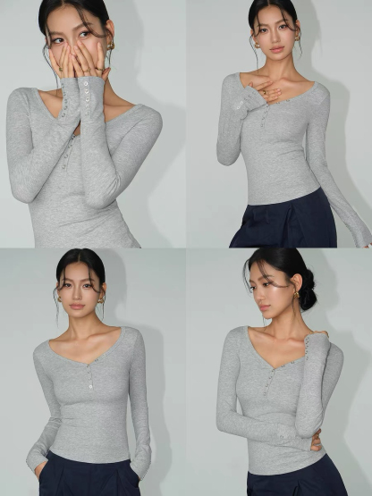 Becky Buttoned Long Sleeve Knit Top-The Black Bow-