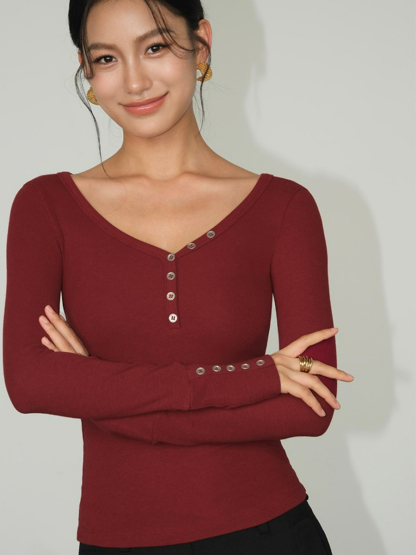 Becky Buttoned Long Sleeve Knit Top-The Black Bow-