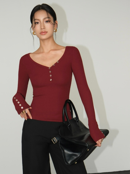 Becky Buttoned Long Sleeve Knit Top-The Black Bow-
