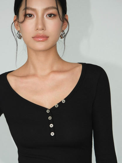 Becky Buttoned Long Sleeve Knit Top-The Black Bow-