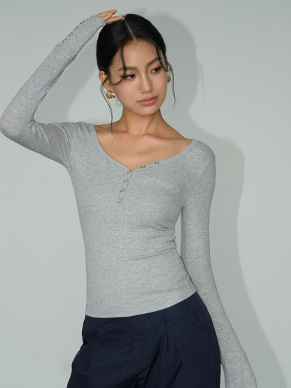 Becky Buttoned Long Sleeve Knit Top-The Black Bow-
