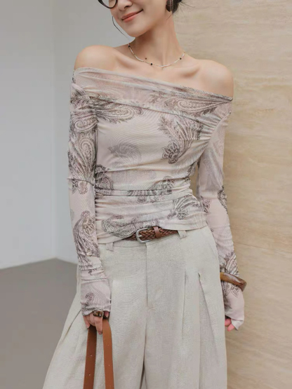 Marquise Feather Print Two Way Top (One/ Off Shoulder)