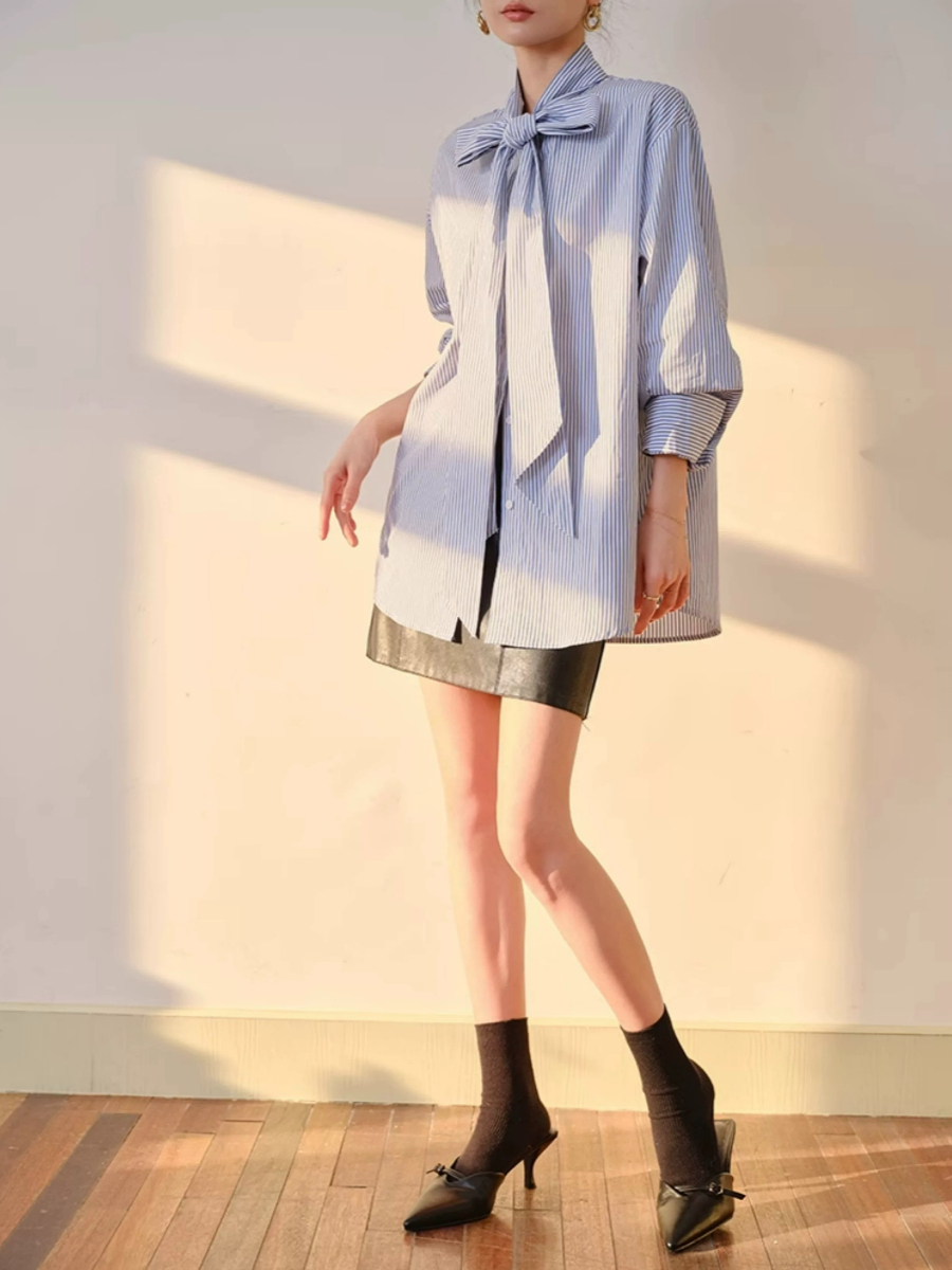 Yvonne Ribbon Tie Stripe Shirt