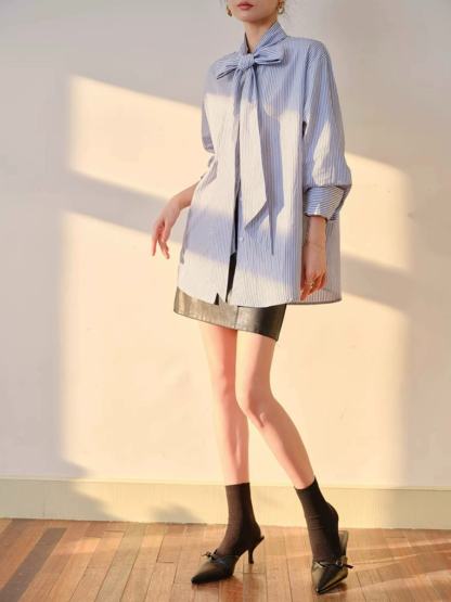 Yvonne Ribbon Tie Stripe Shirt