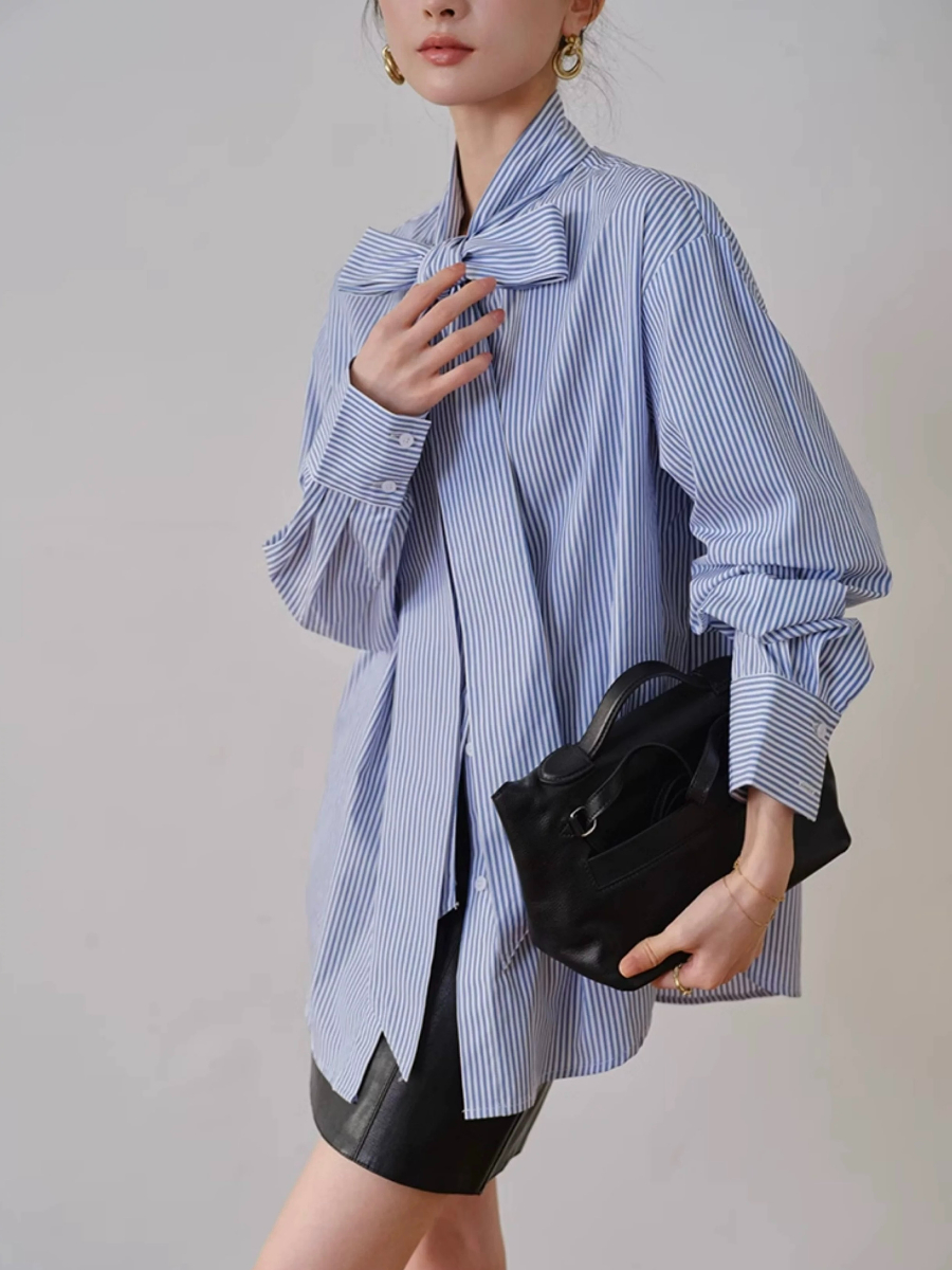 Yvonne Ribbon Tie Stripe Shirt