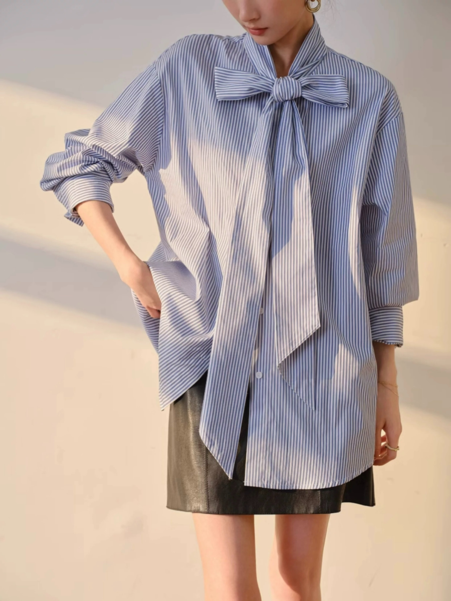 Yvonne Ribbon Tie Stripe Shirt