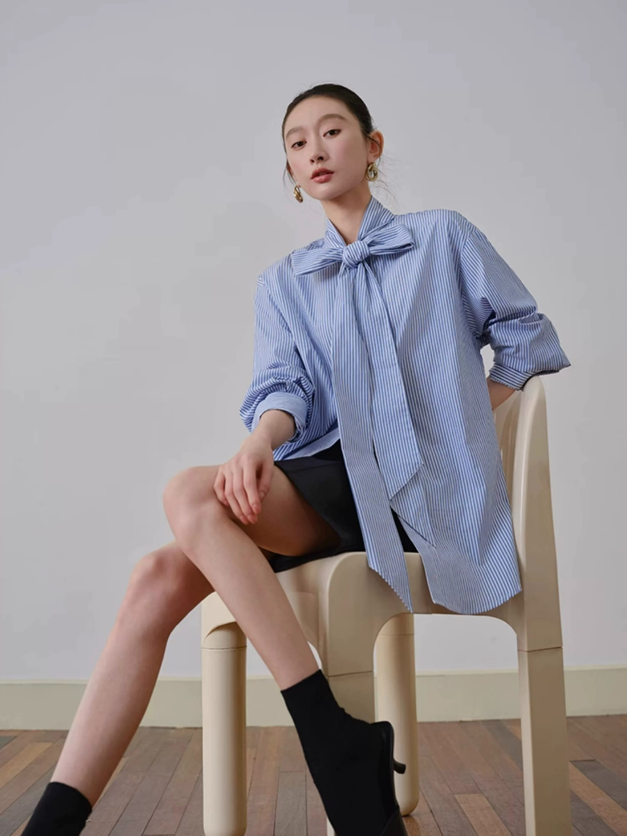 Yvonne Ribbon Tie Stripe Shirt